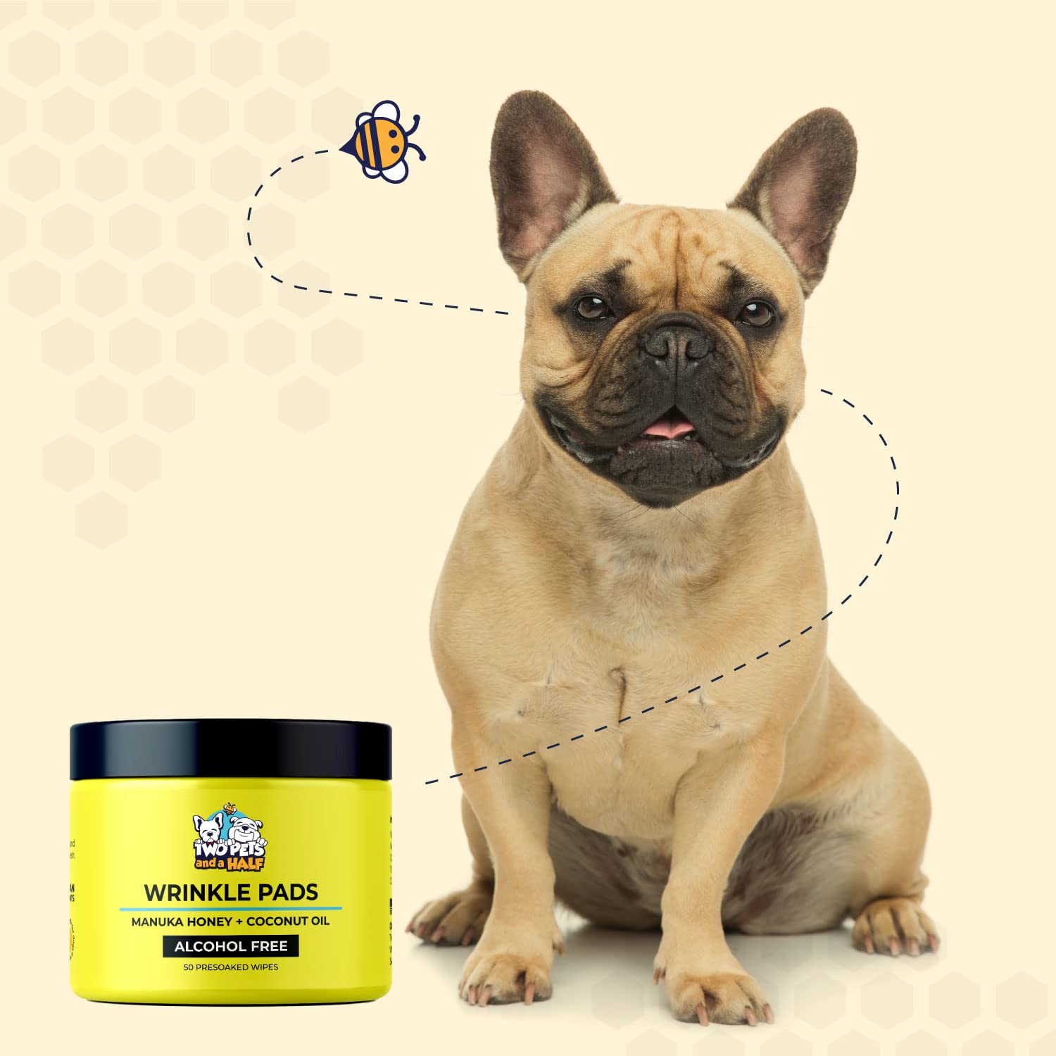 Two Pets and a Half Wrinkle Wipes with focus on the 50-wipe pack.