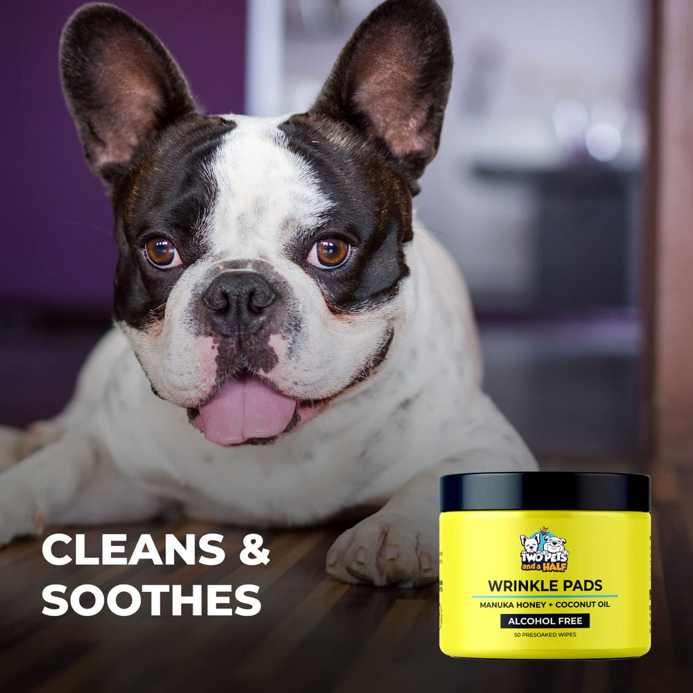 Two Pets and a Half Wrinkle Wipes shown for tail pocket cleaning.