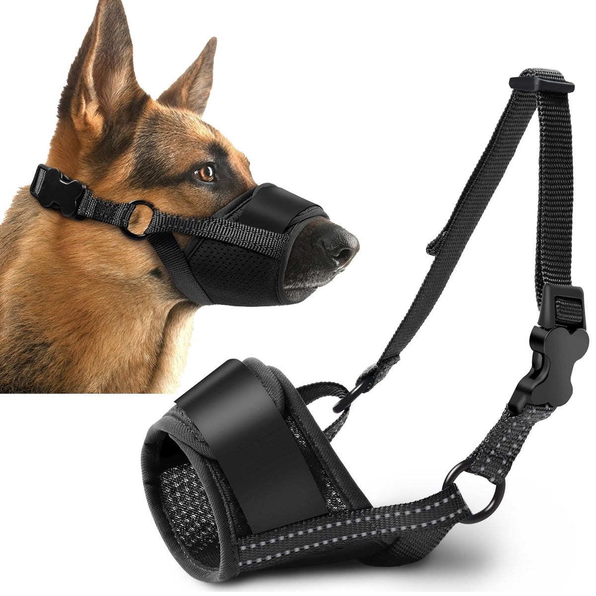 TZBEINN dog muzzle shown from the front with its soft mesh design visible.