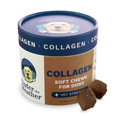 Under the Weather collagen dog chews shown with the jar facing forward.