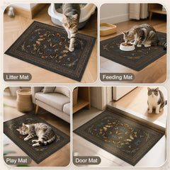 Unicorn Catcher cat litter mat used beneath a pet feeding area.