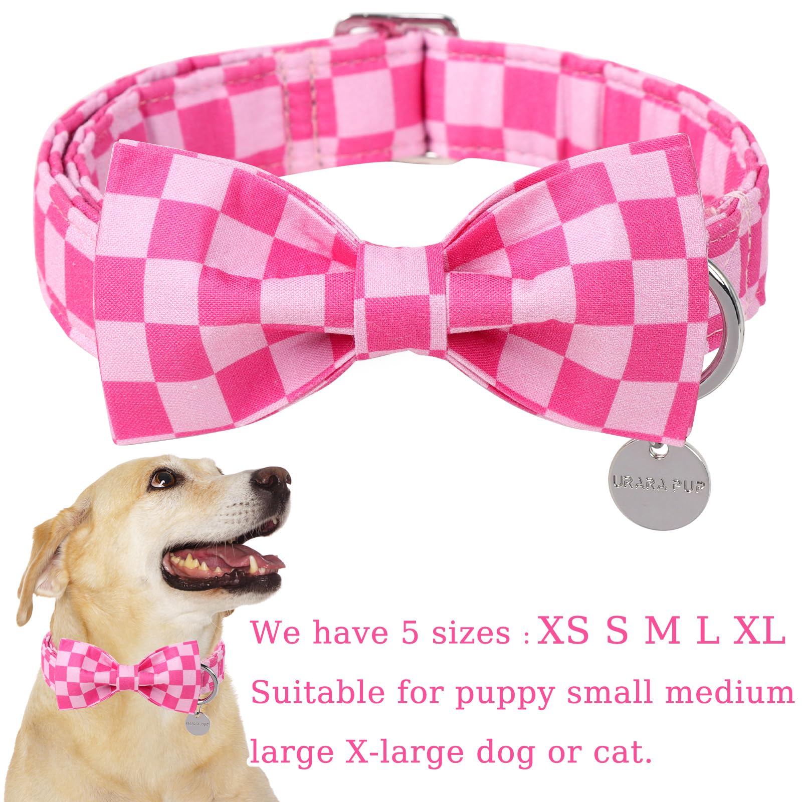 UP URARA PUP dog collar close-up showing the pink plaid bow tie.