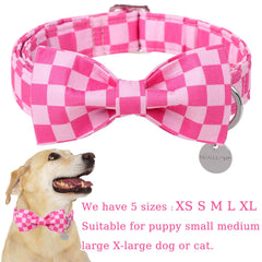 UP URARA PUP dog collar close-up showing the pink plaid bow tie.
