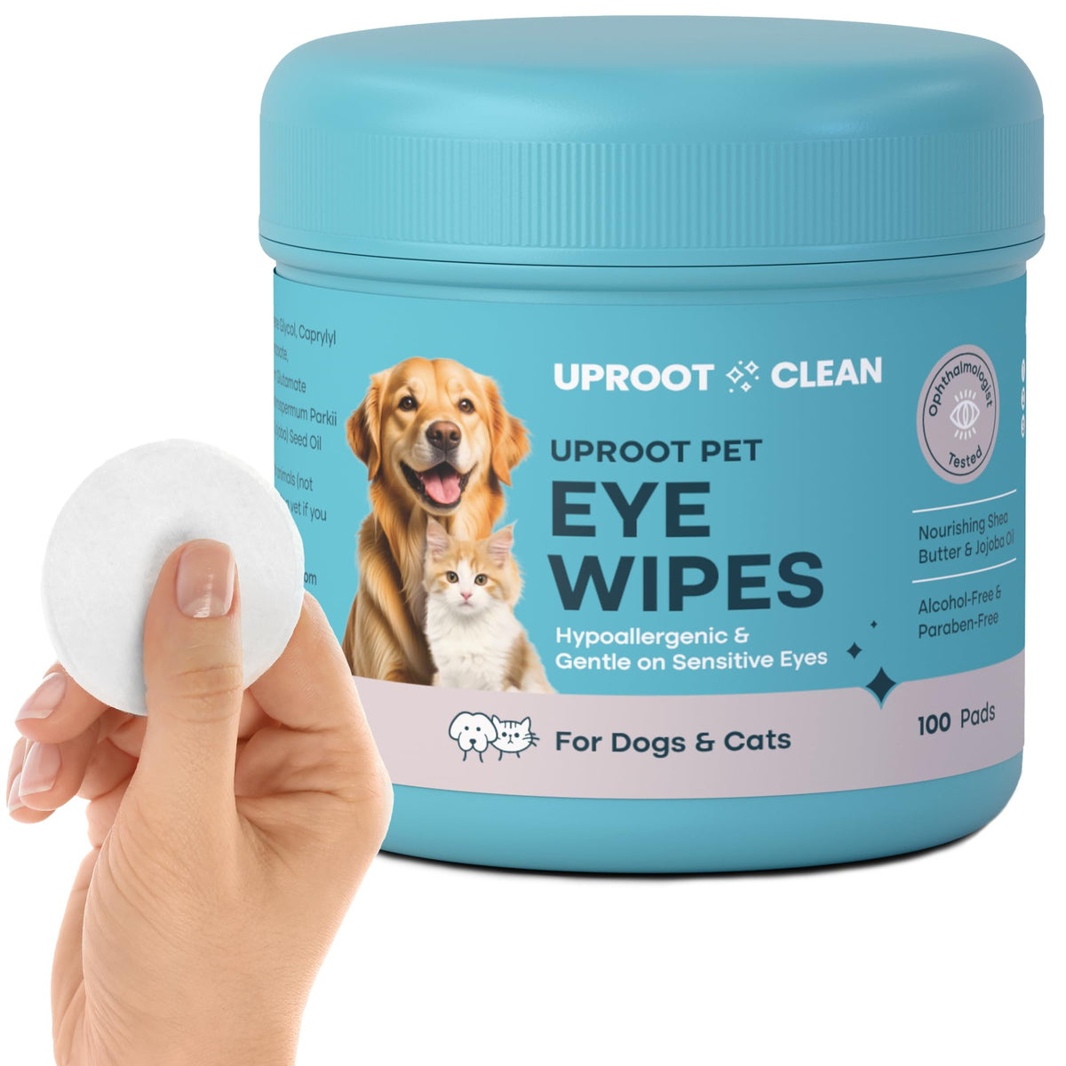Uproot Clean cat and dog eye wipes shown from the front.