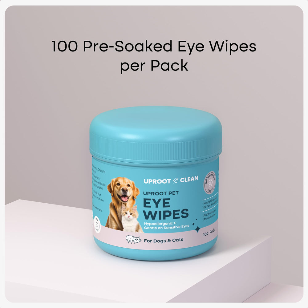 Uproot Clean cat and dog eye wipes with product label details in focus.
