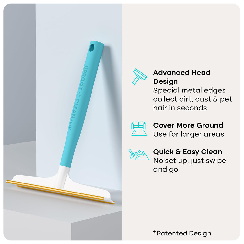 Uproot Cleaner Max pet hair rake being used on carpet.