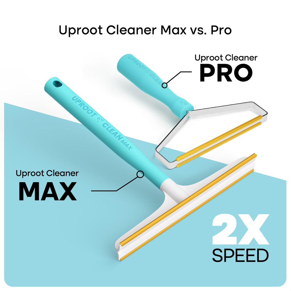 Uproot Cleaner Max pet hair rake being used on a couch.