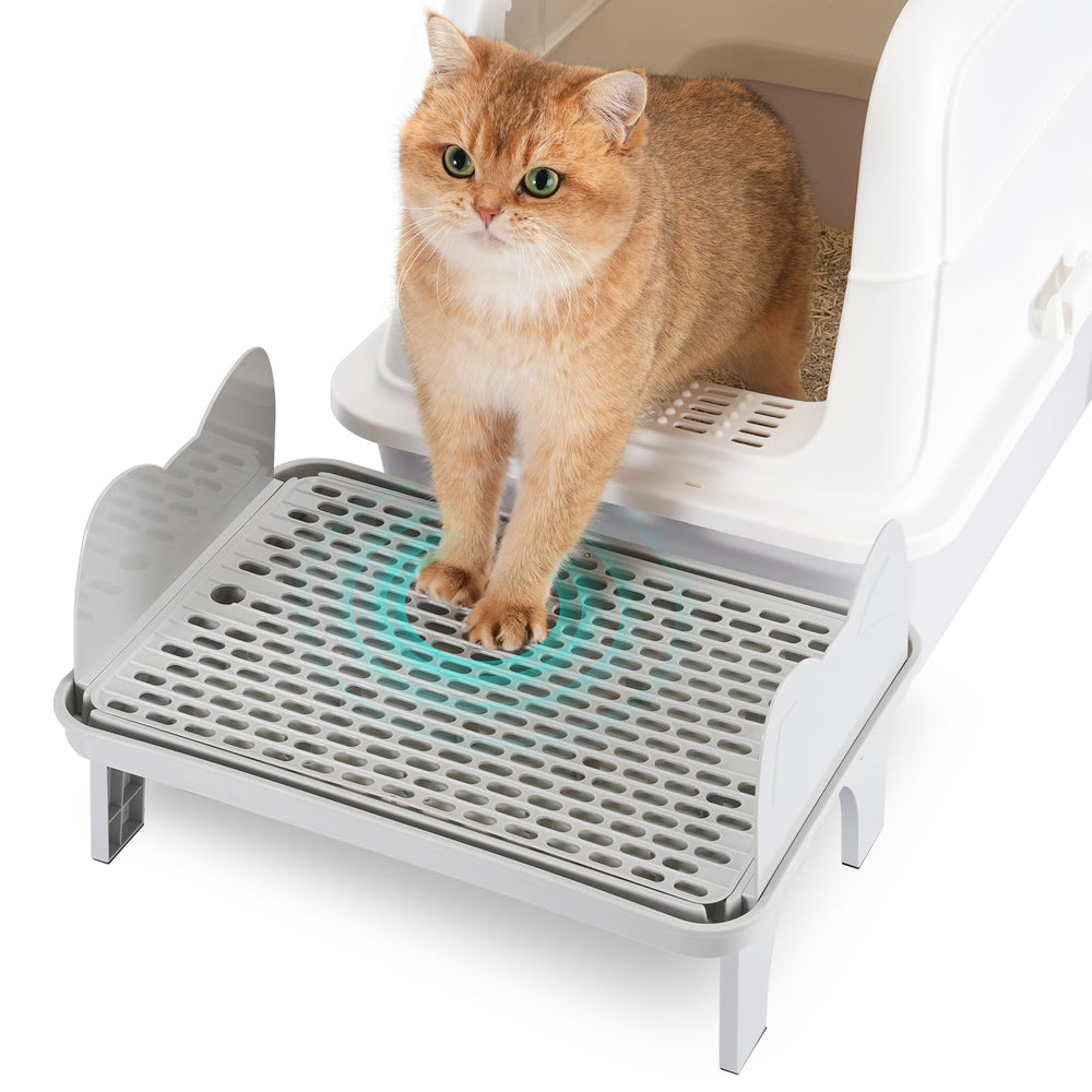 Uross Cat Litter Box Step shown from the front with its grey litter-catching surface.