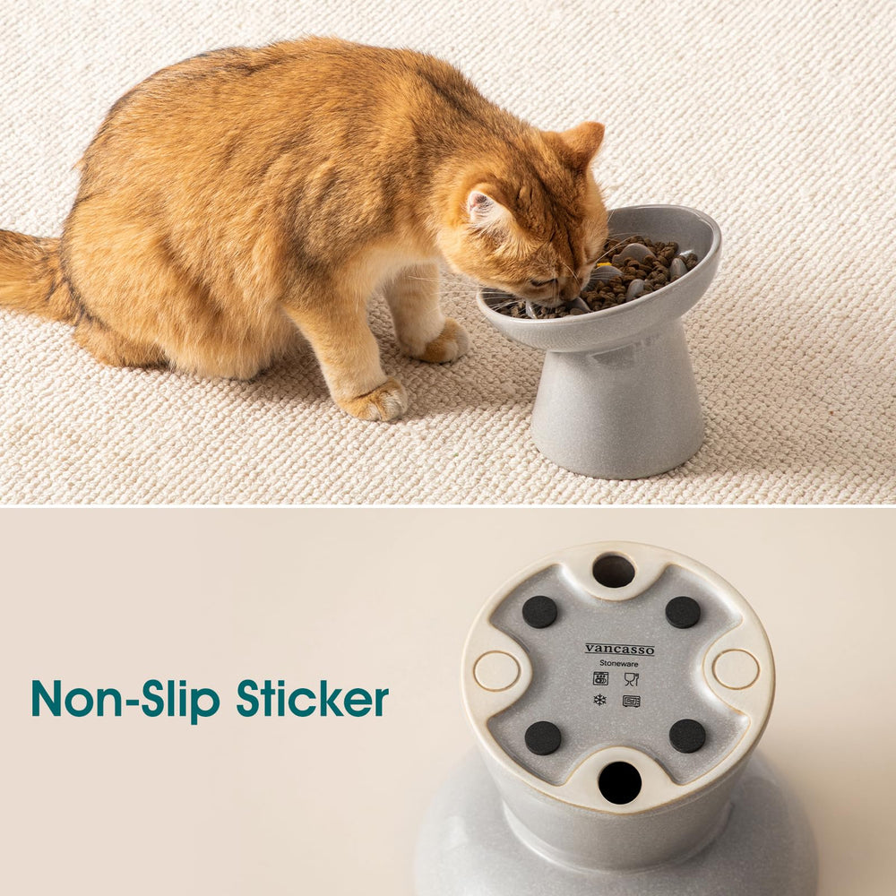 vancasso Ceramic Slow Feeder Cat Bowl shown holding dry cat food.