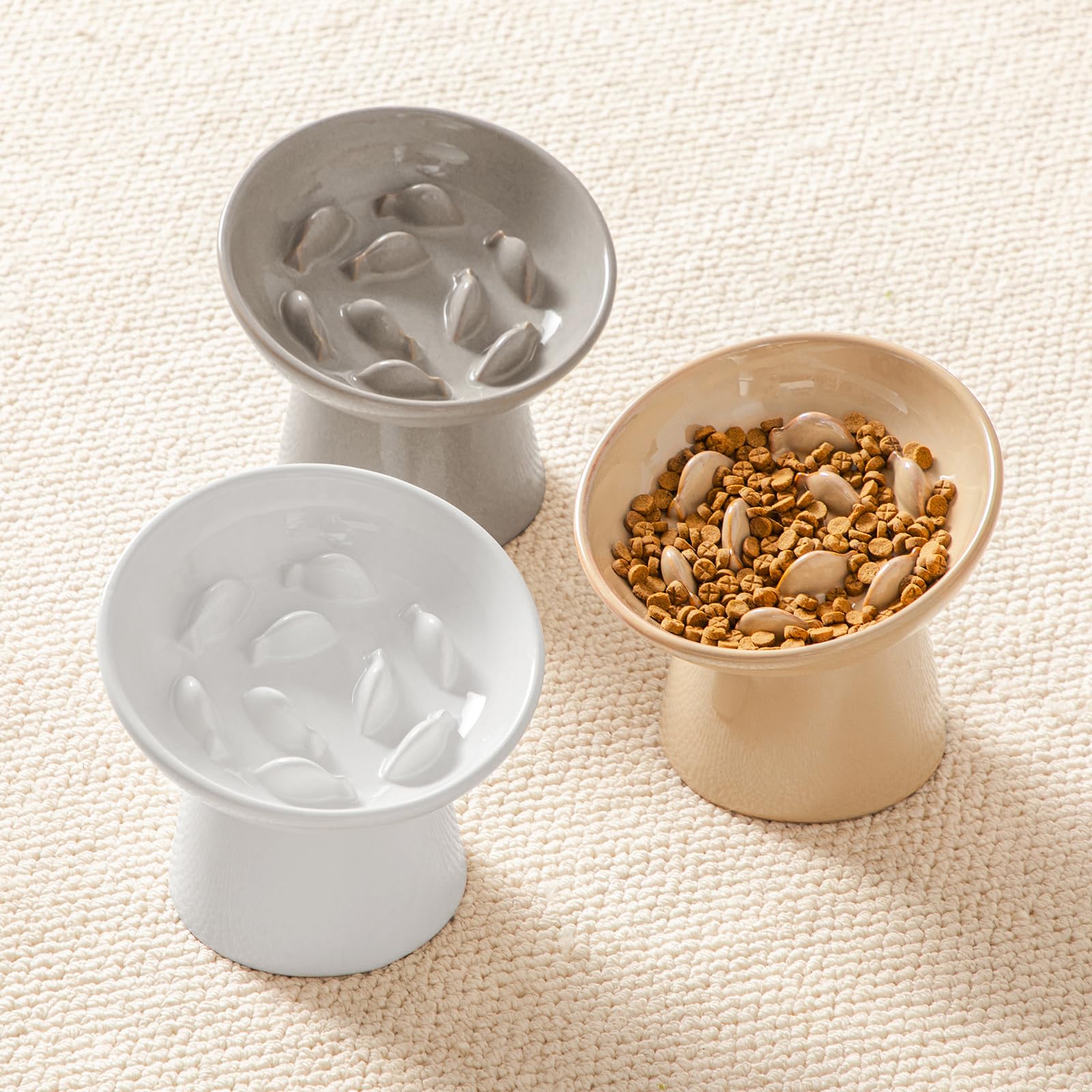 vancasso Ceramic Slow Feeder Cat Bowl shown holding wet cat food.