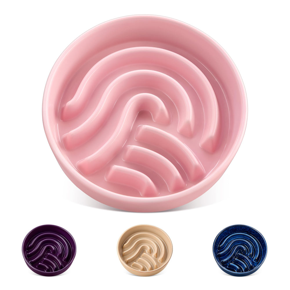 vancasso slow feeder bowl shown from the front in pink ceramic.