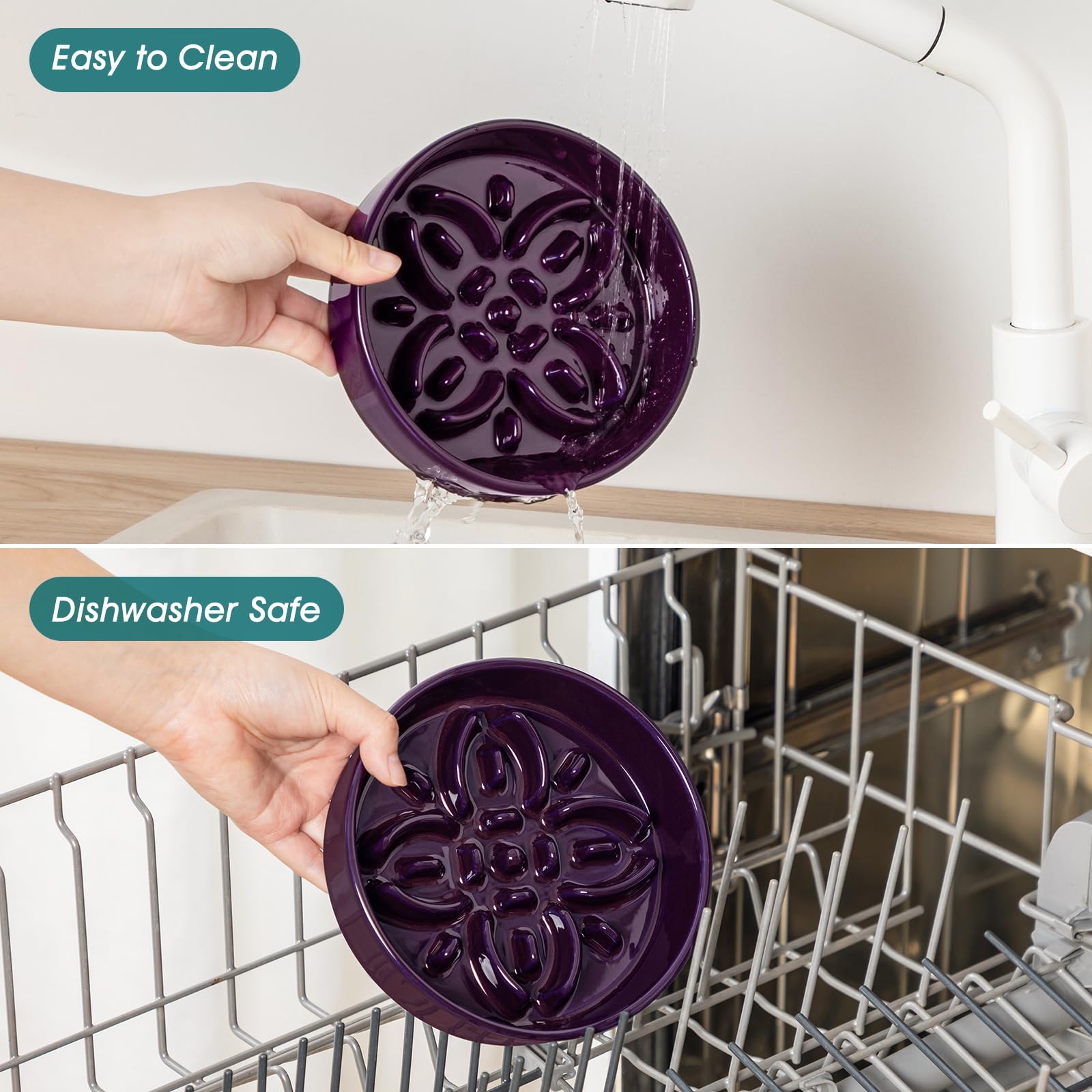 Glazed ceramic surface of the purple vancasso Slow Feeder Dog Bowl.