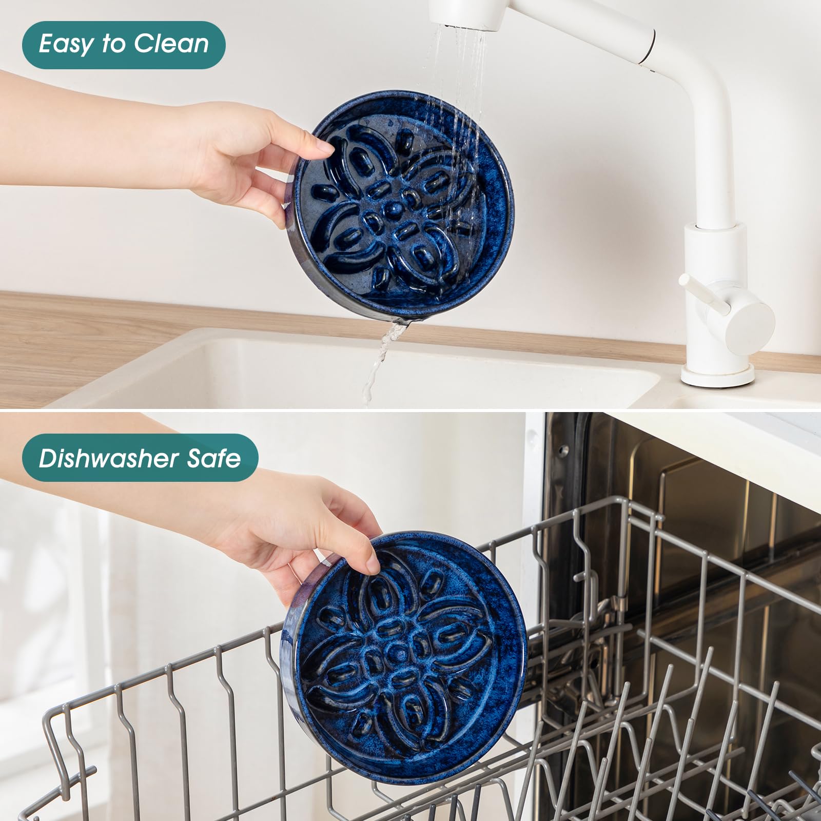 vancasso Slow Feeder Dog Bowl shown holding food within its maze pattern.