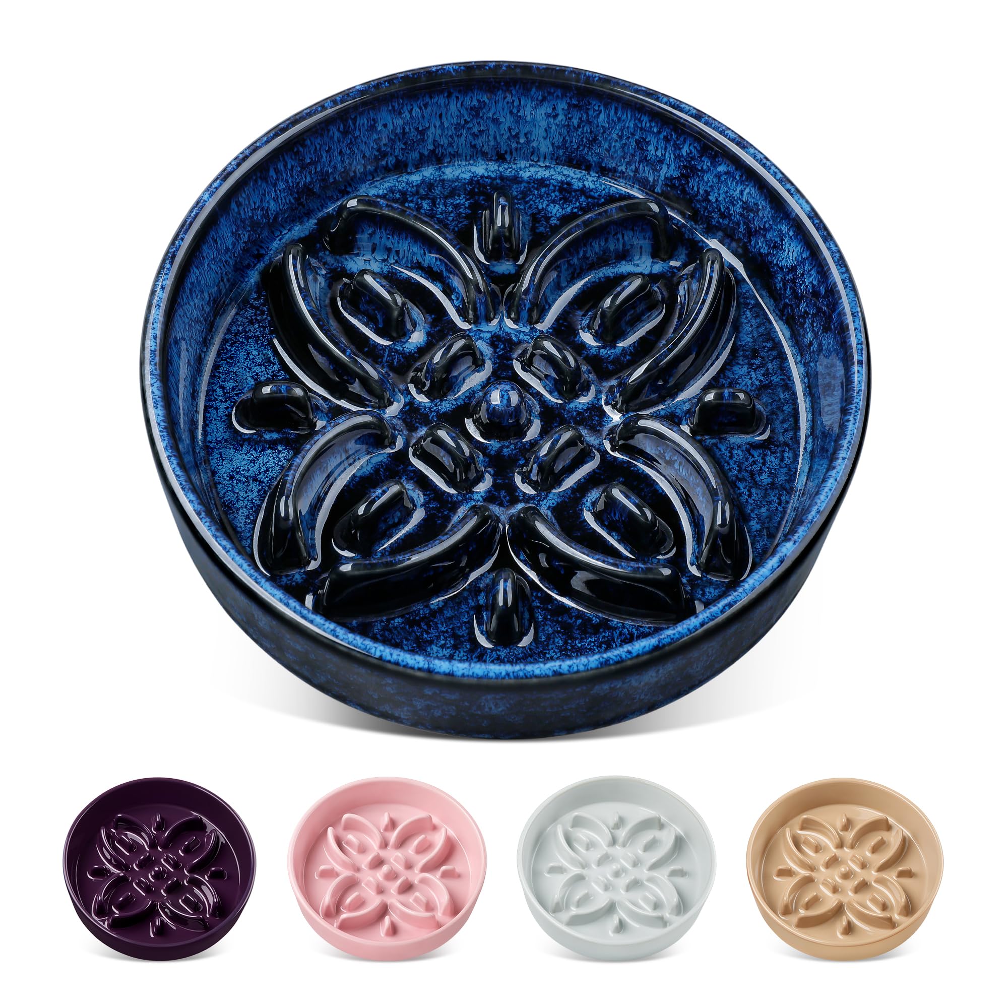 vancasso Slow Feeder Dog Bowl shown from the front with its blue floral design.