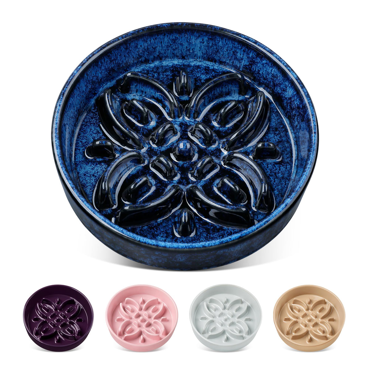 vancasso Slow Feeder Dog Bowl shown from the front with its blue floral design.