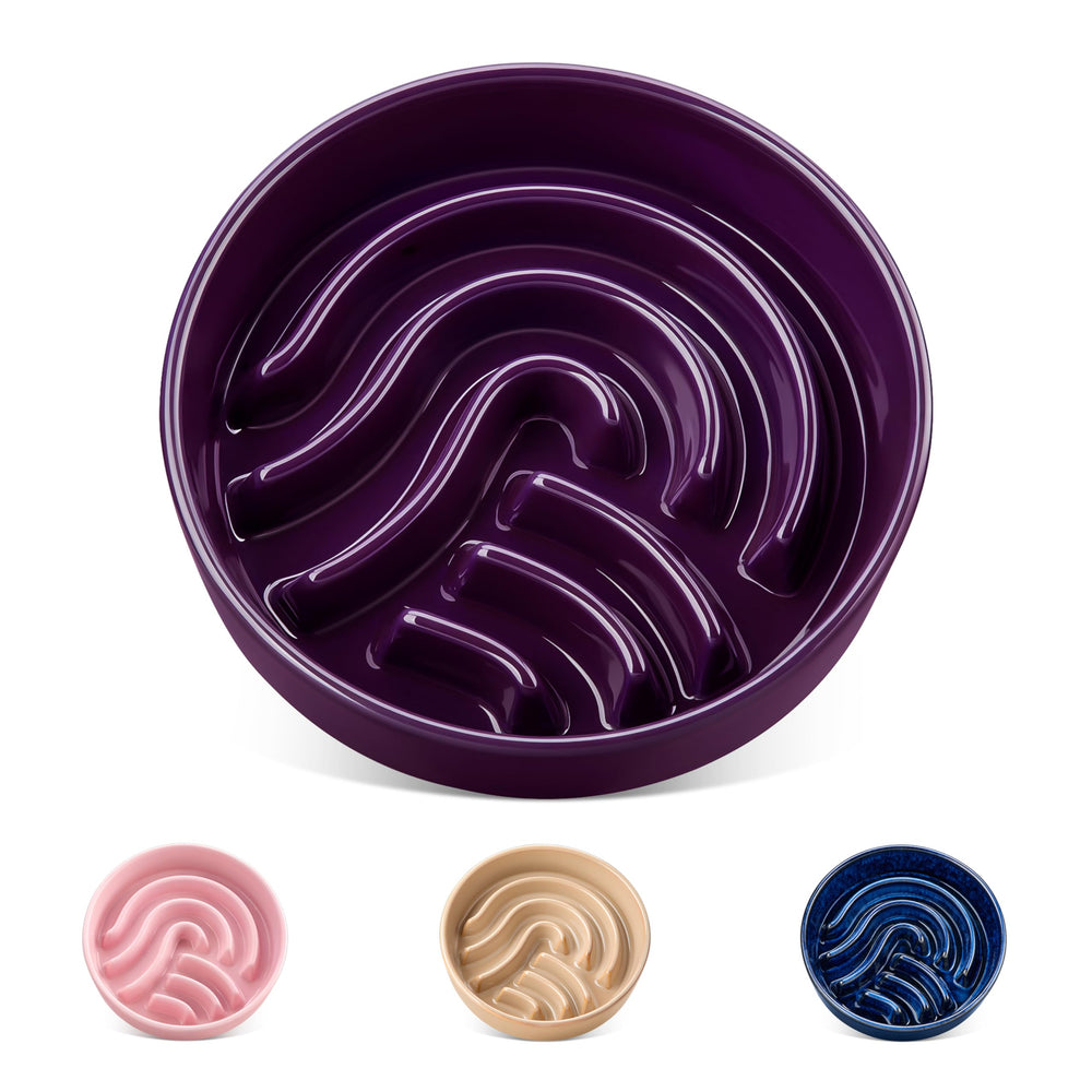 vancasso slow feeder dog bowl shown from the front in dark purple.