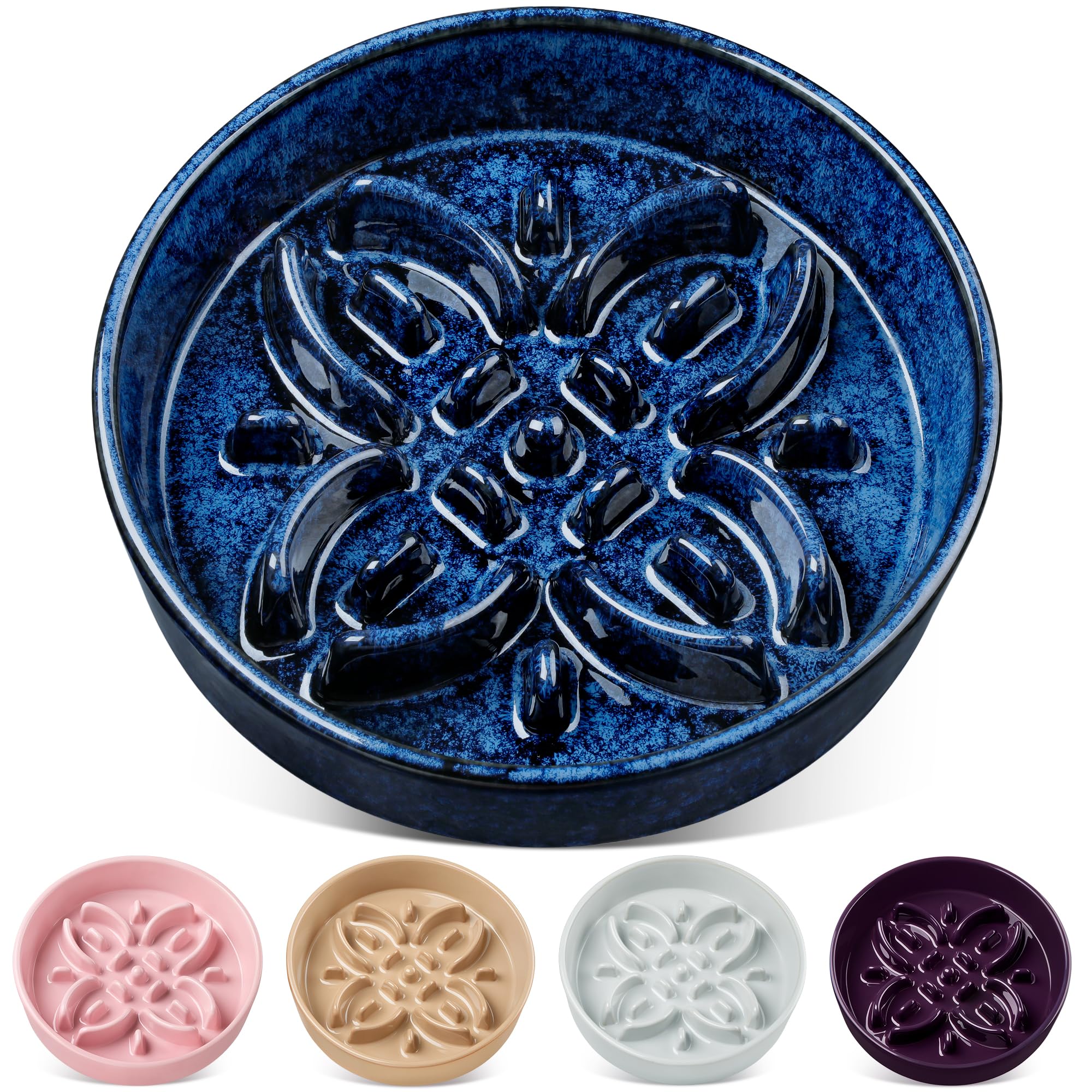 vancasso Slow Feeder Dog Bowl shown from the front with its blue floral design.