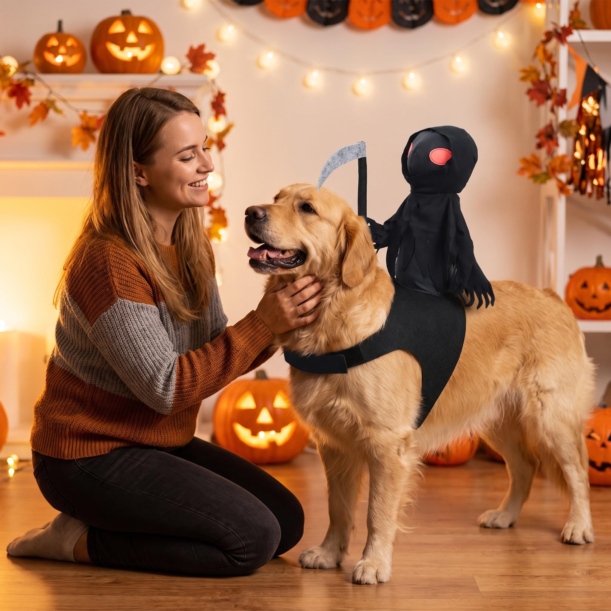 Vasrou Grim Reaper rider costume shown being worn by a pet.