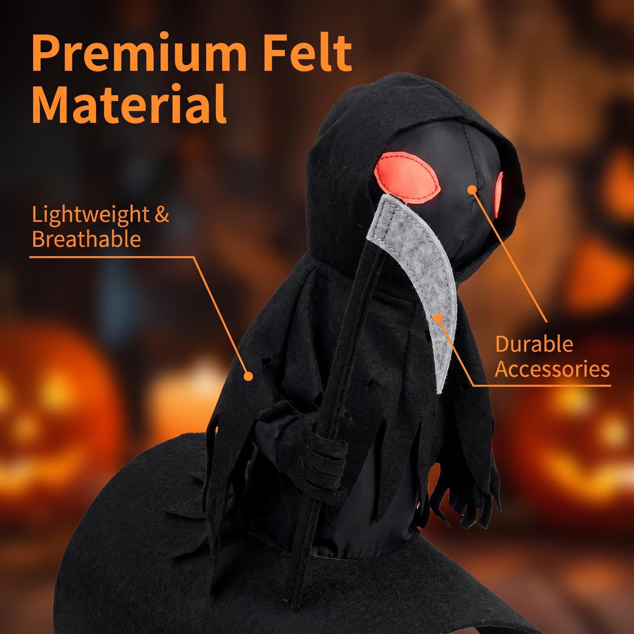 Vasrou 3D dog costume detail featuring the Grim Reaper rider design.