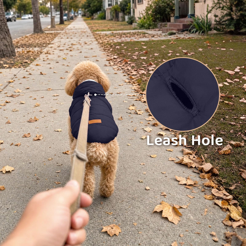 Vecomfy dog coat shown from the back with the leash opening visible.