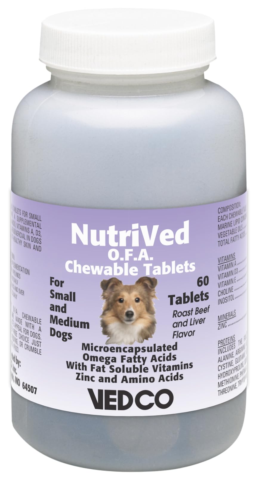 Vedco Nutrived O.F.A. chewable tablets shown with the product packaging.
