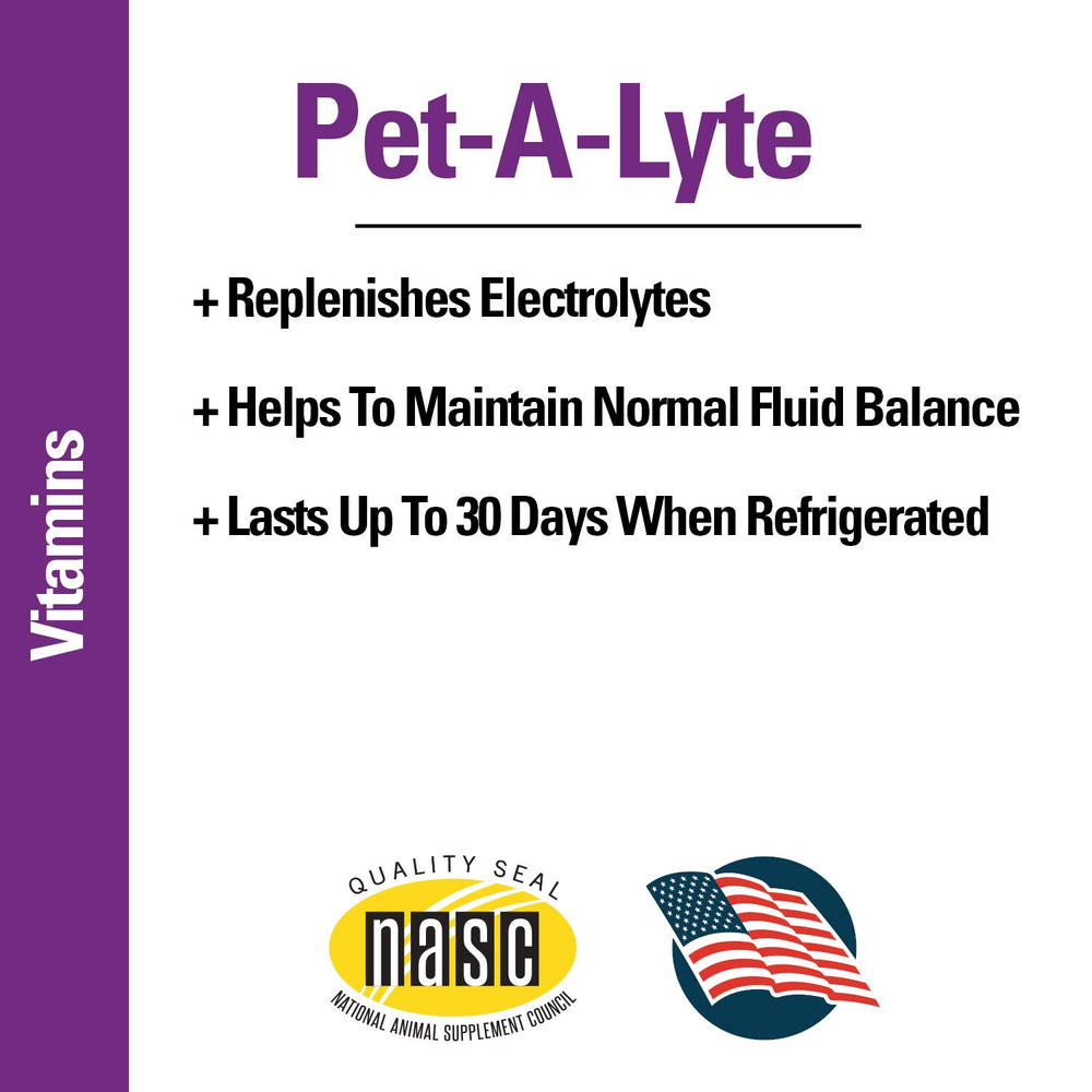 Vet Classics Pet-A-Lyte oral electrolyte solution bottle shown from the back.
