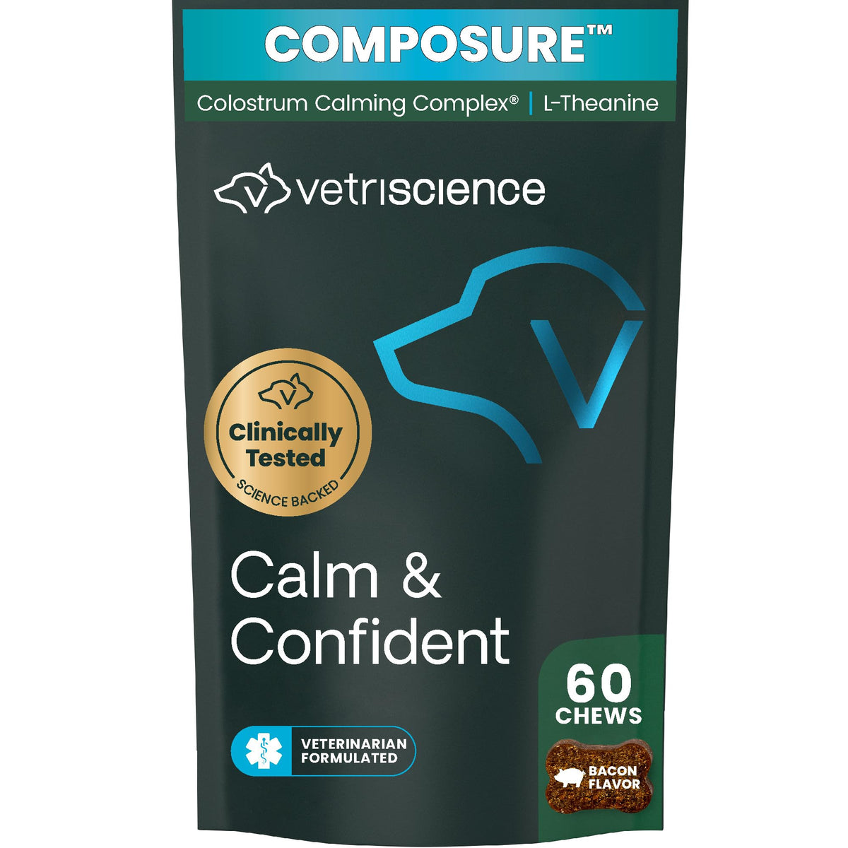 VetriScience Calm & Confident dog calming chews shown with the product packaging.