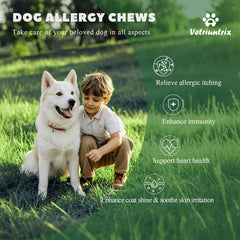A dog taking a Vetriuntrix Dog Allergy Chew.