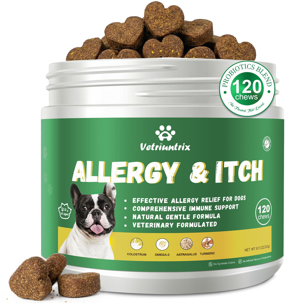 Vetriuntrix Dog Allergy Chews shown in the front-facing product jar.