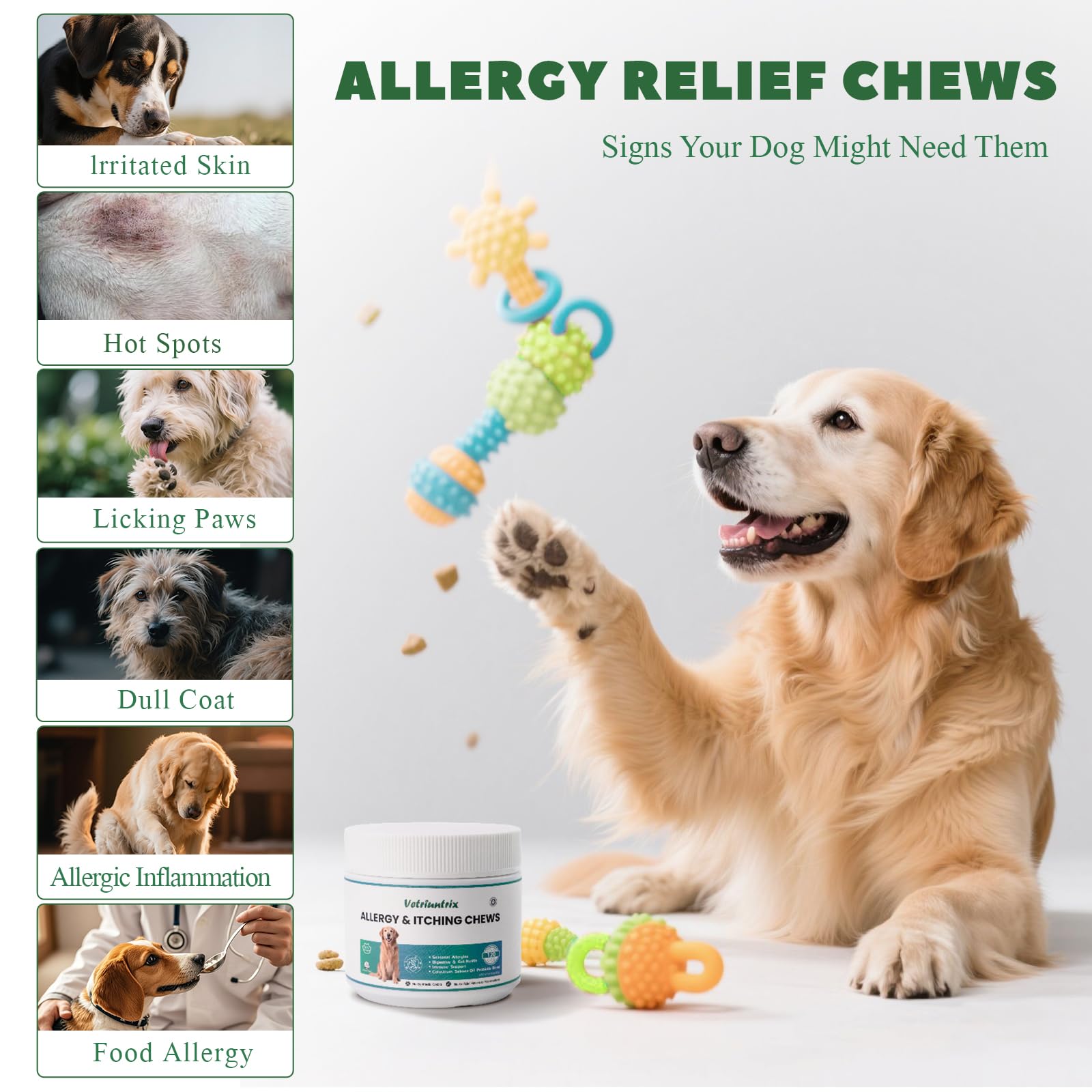 Vetriuntrix Dog Allergy Chews ingredient graphic featuring the formula ingredients.