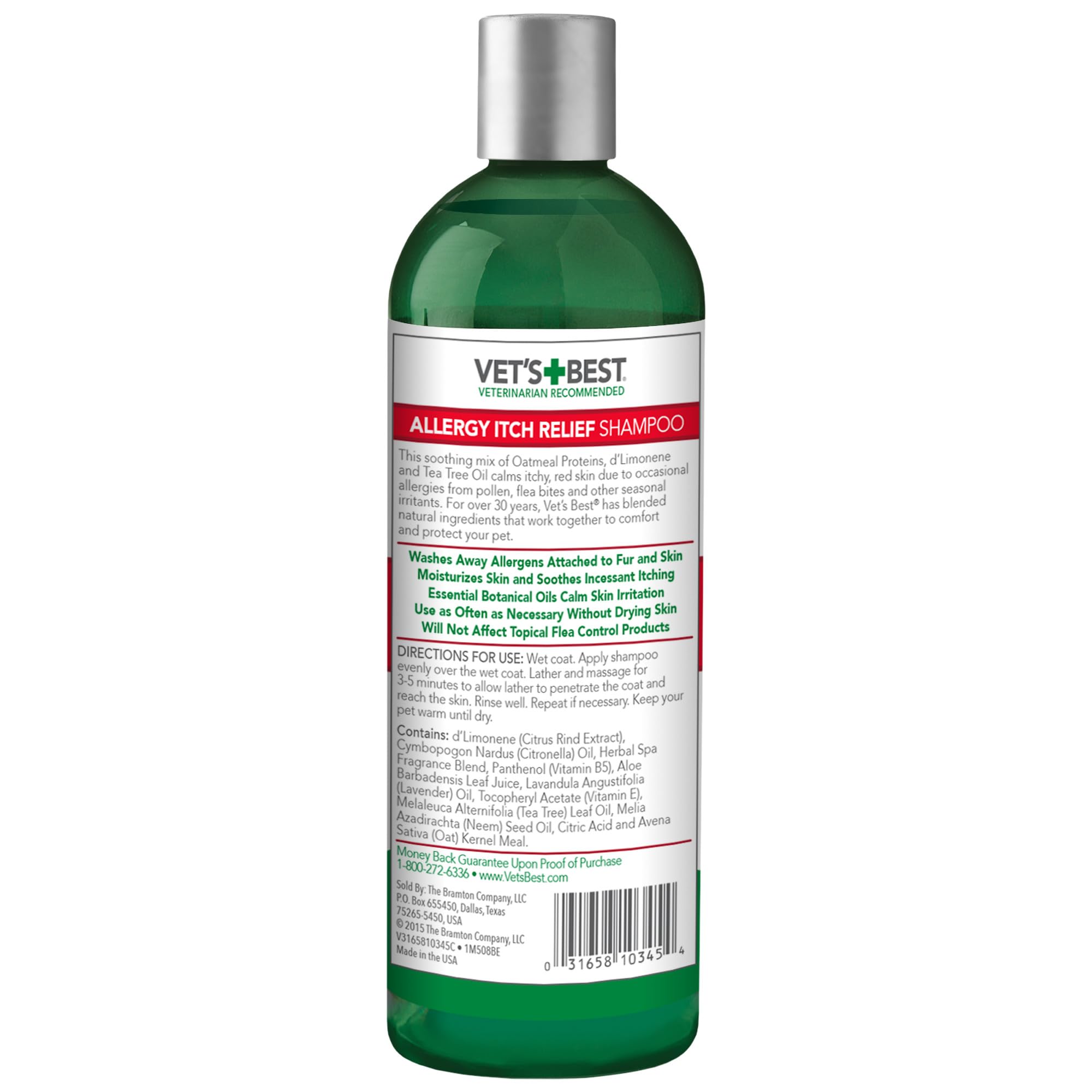 Vet's Best Allergy Itch Relief Dog Shampoo bottle shown from the back with its label.