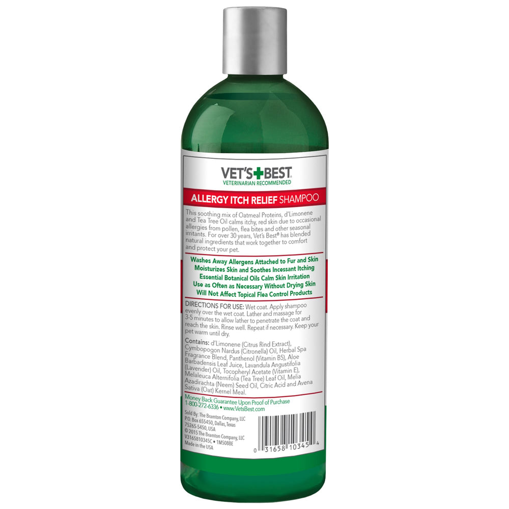 Vet's Best Allergy Itch Relief Dog Shampoo bottle shown from the back with its label.