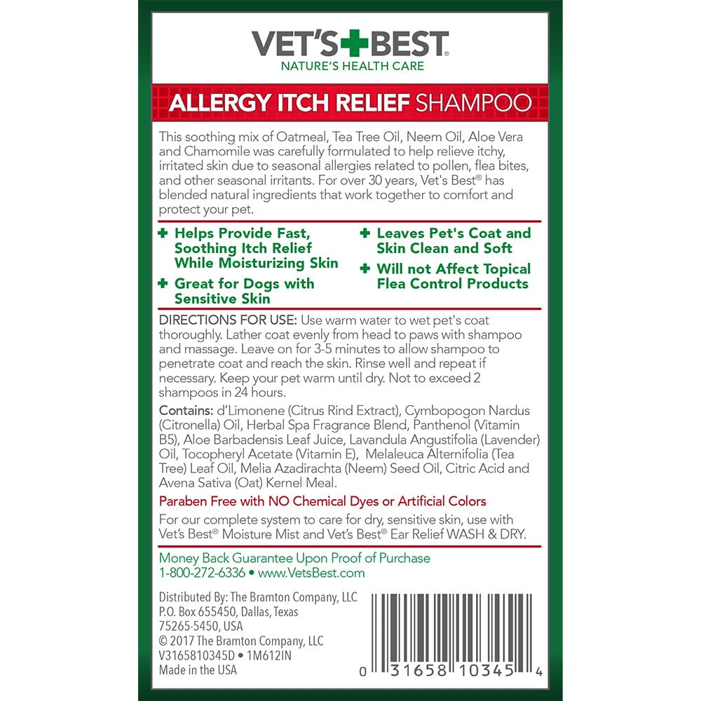 Vet's Best Allergy Itch Relief Dog Shampoo shown for coat-care grooming.