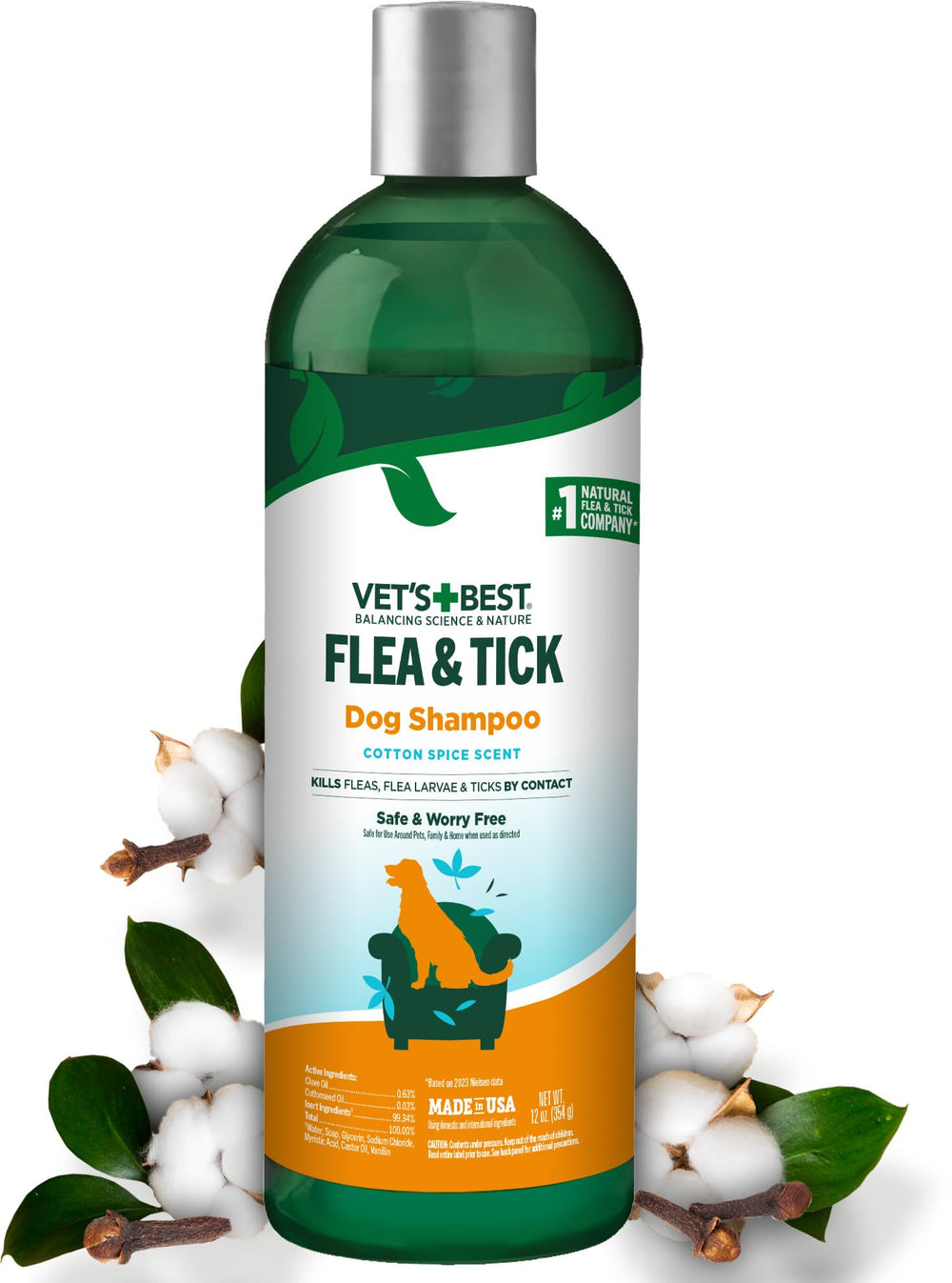 Vet’s Best flea and tick shampoo bottle shown from the front.