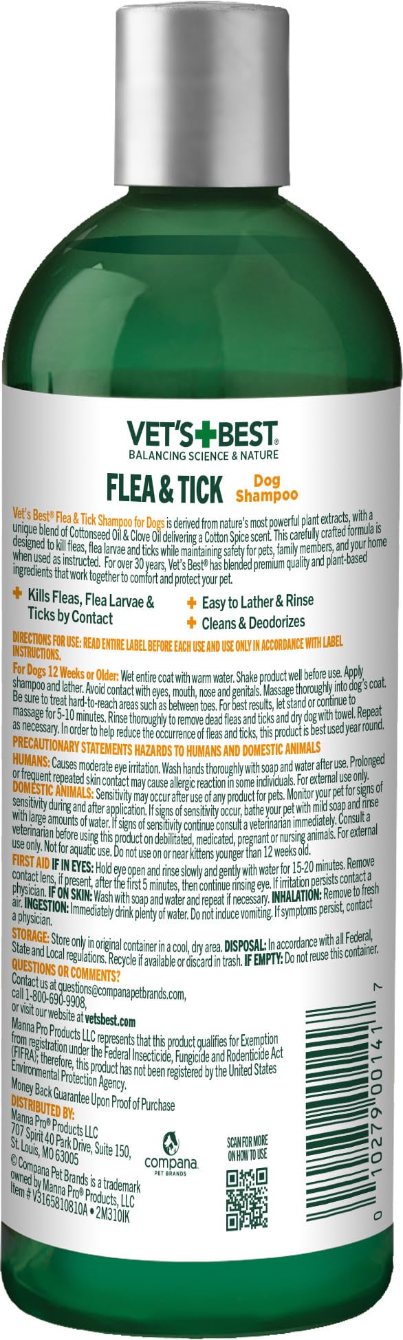 Vet’s Best flea and tick shampoo with its cotton spice scent name visible.