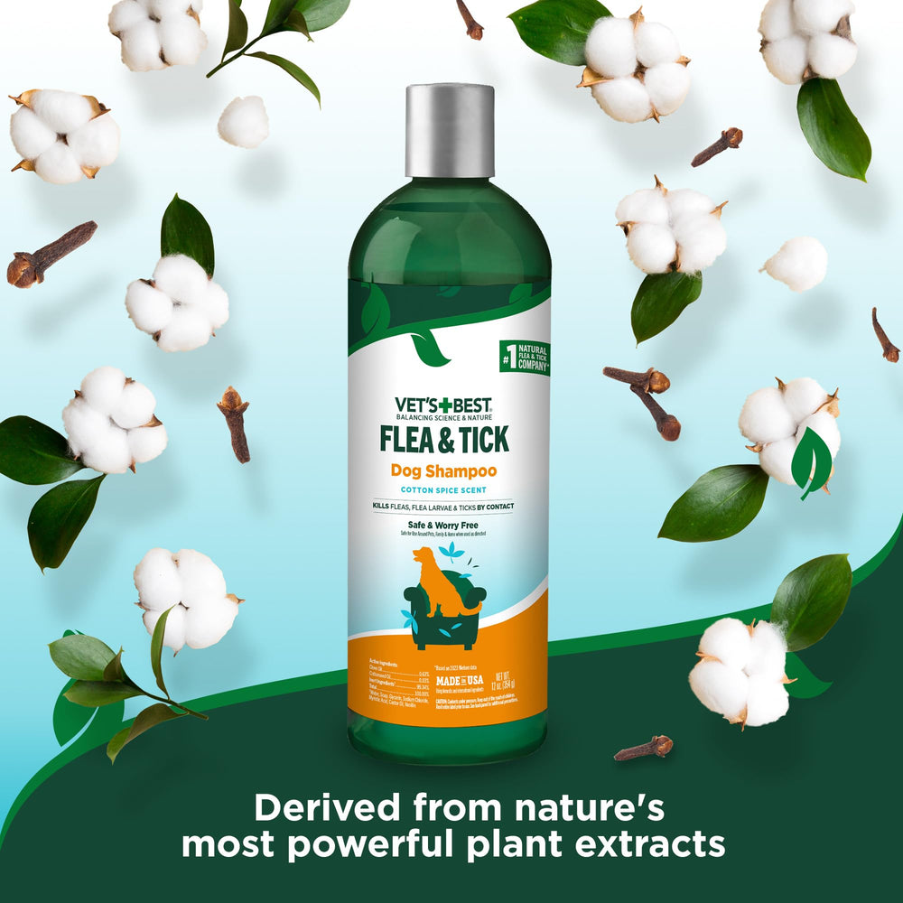 Vet’s Best flea and tick shampoo label showing its plant-based ingredients.