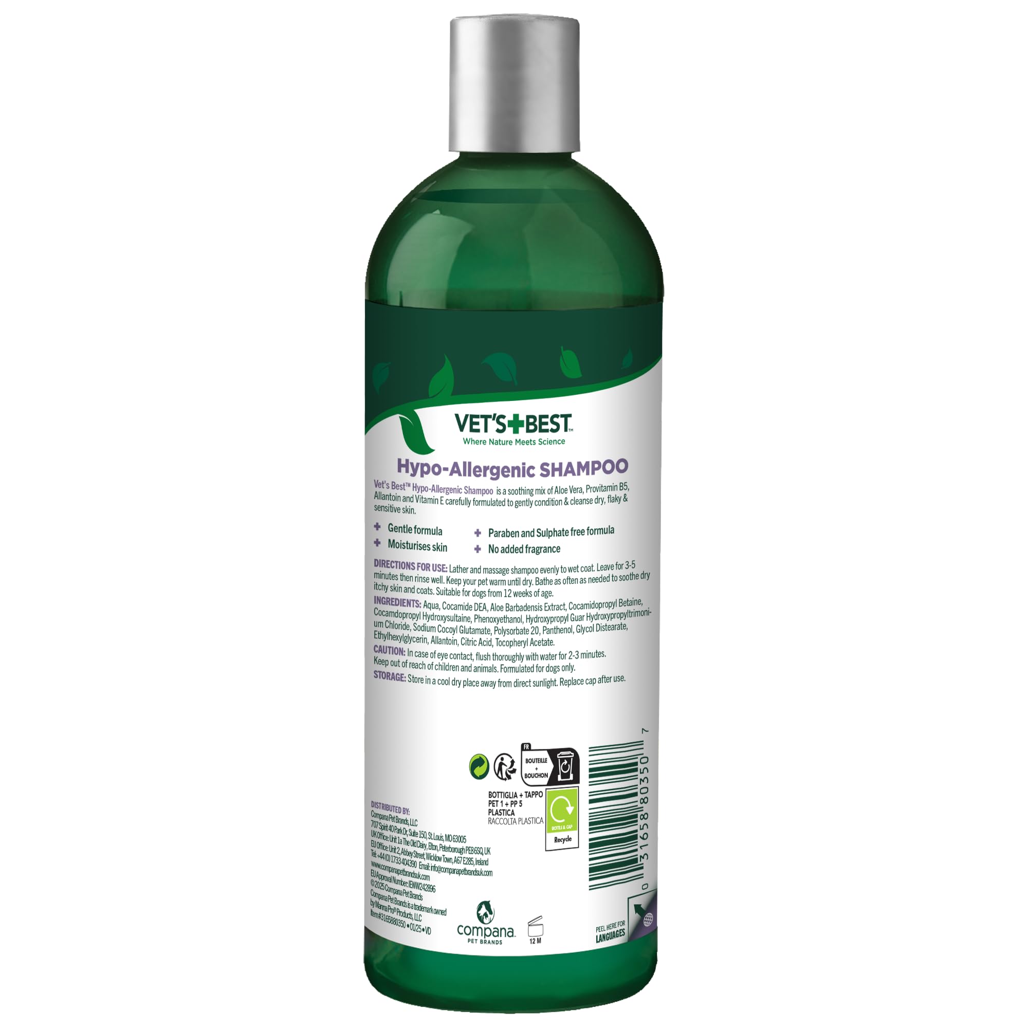 Vet’s Best Hypo-Allergenic Dog Shampoo showing the back label.
