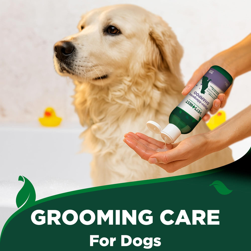 Vet’s Best Hypo-Allergenic Dog Shampoo shown during a dog’s bath.