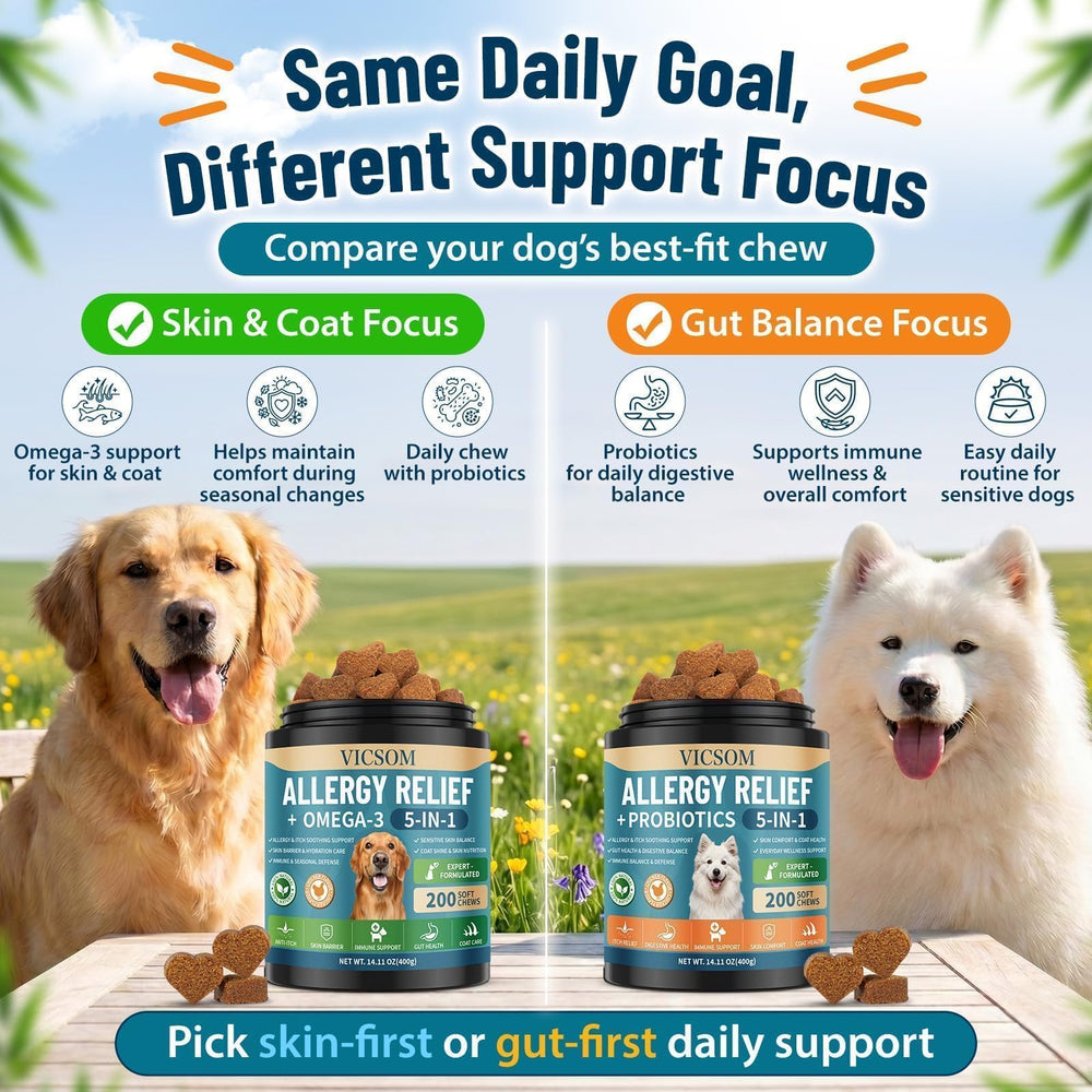 VICSOM Dog Allergy Chews packaging highlights the 200-count quantity.