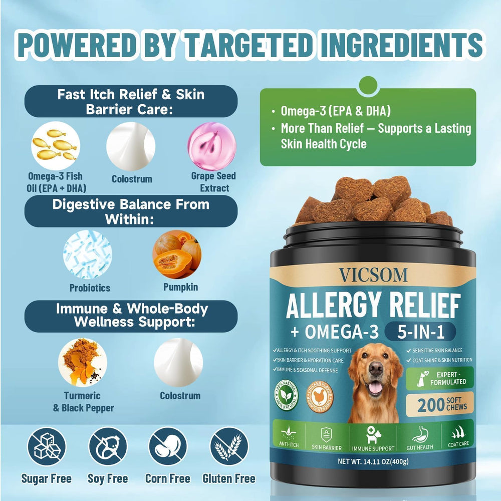 The ingredient label on VICSOM Dog Allergy Chews shows its formula details.