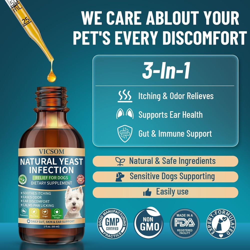 VICSOM dog yeast support liquid shown as a close-up.