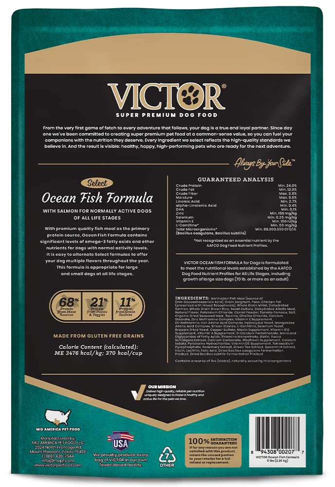 VICTOR Ocean Fish dry dog food package shown from the side.