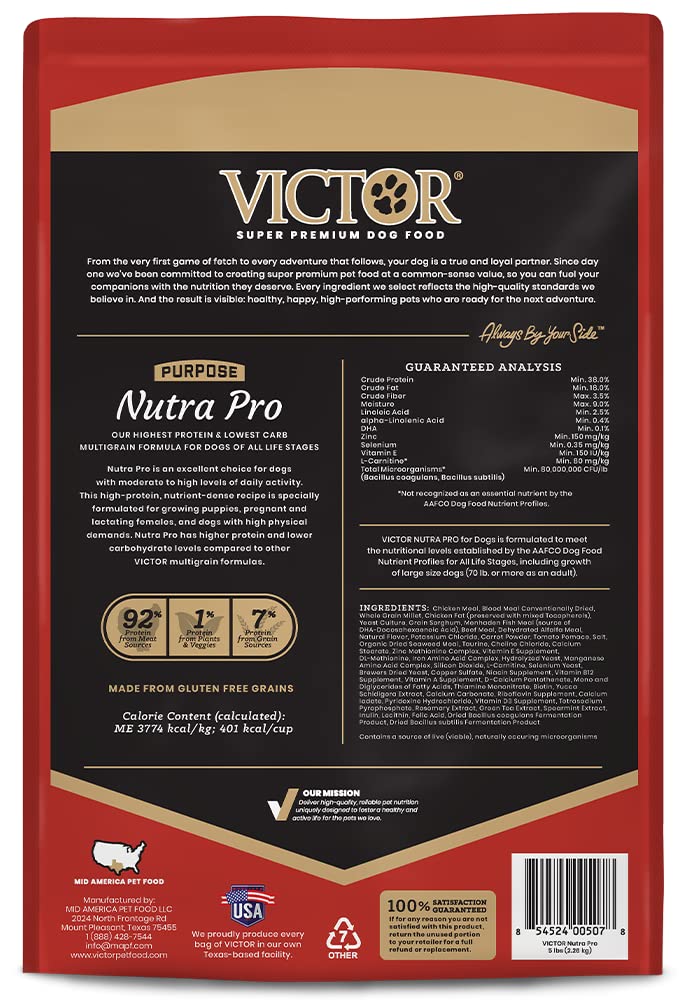 Side view of the VICTOR Purpose Nutra Pro dog food packaging.