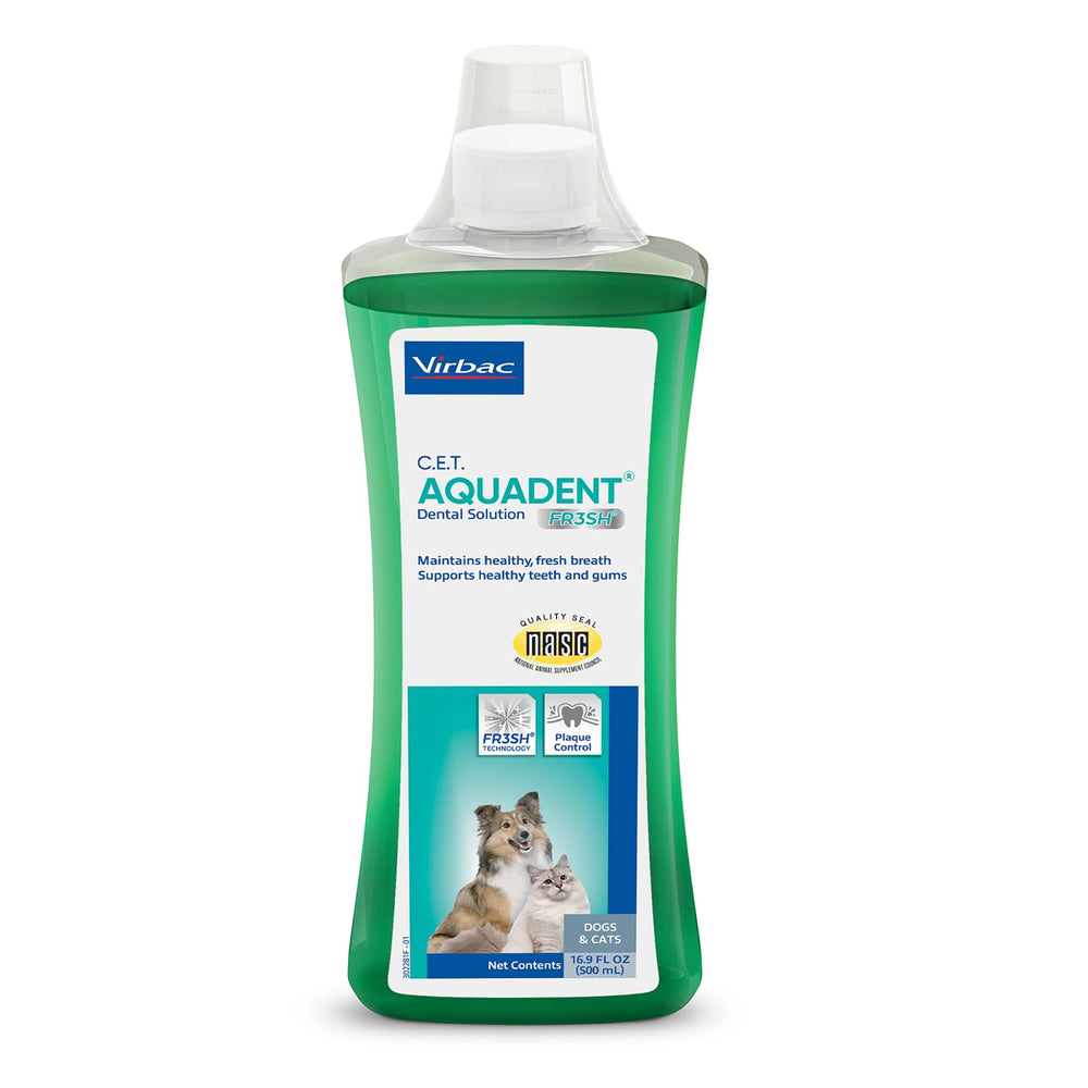 Virbac C.E.T. Aquadent Fr3sh dental solution bottle shown from the front.