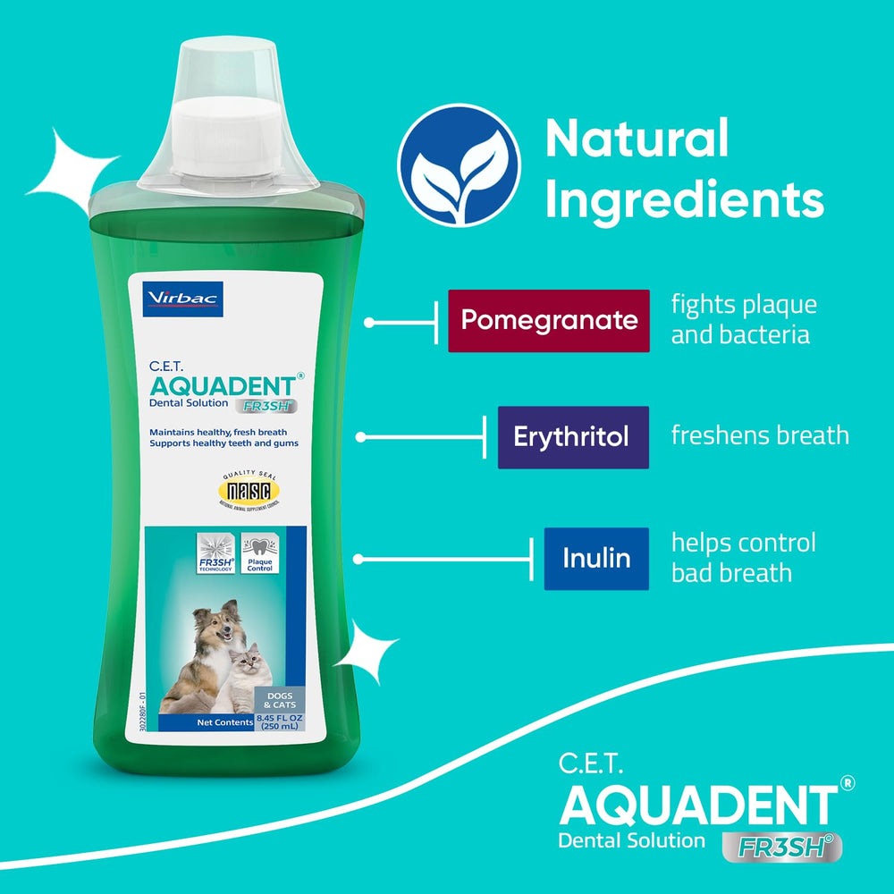 Virbac C.E.T. Aquadent Fr3sh dental solution prepared for use in a pet’s drinking water.