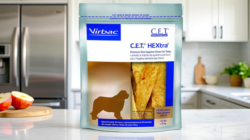 Virbac C.E.T. HEXtra large oral hygiene chews shown beside their bag.