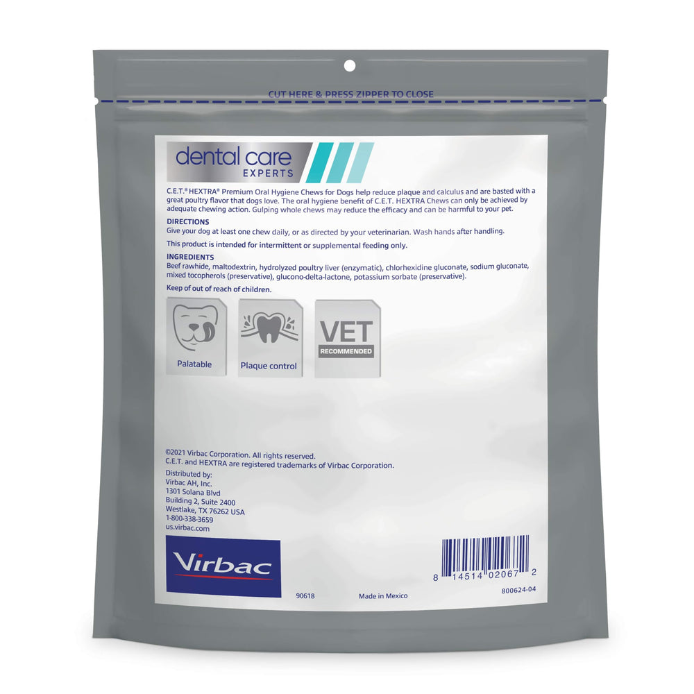 Virbac C.E.T. HEXtra large oral hygiene chew close-up showing its beef-hide exterior.