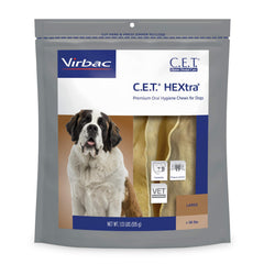 Virbac C.E.T. HEXtra large oral hygiene chews shown with the front of the package.