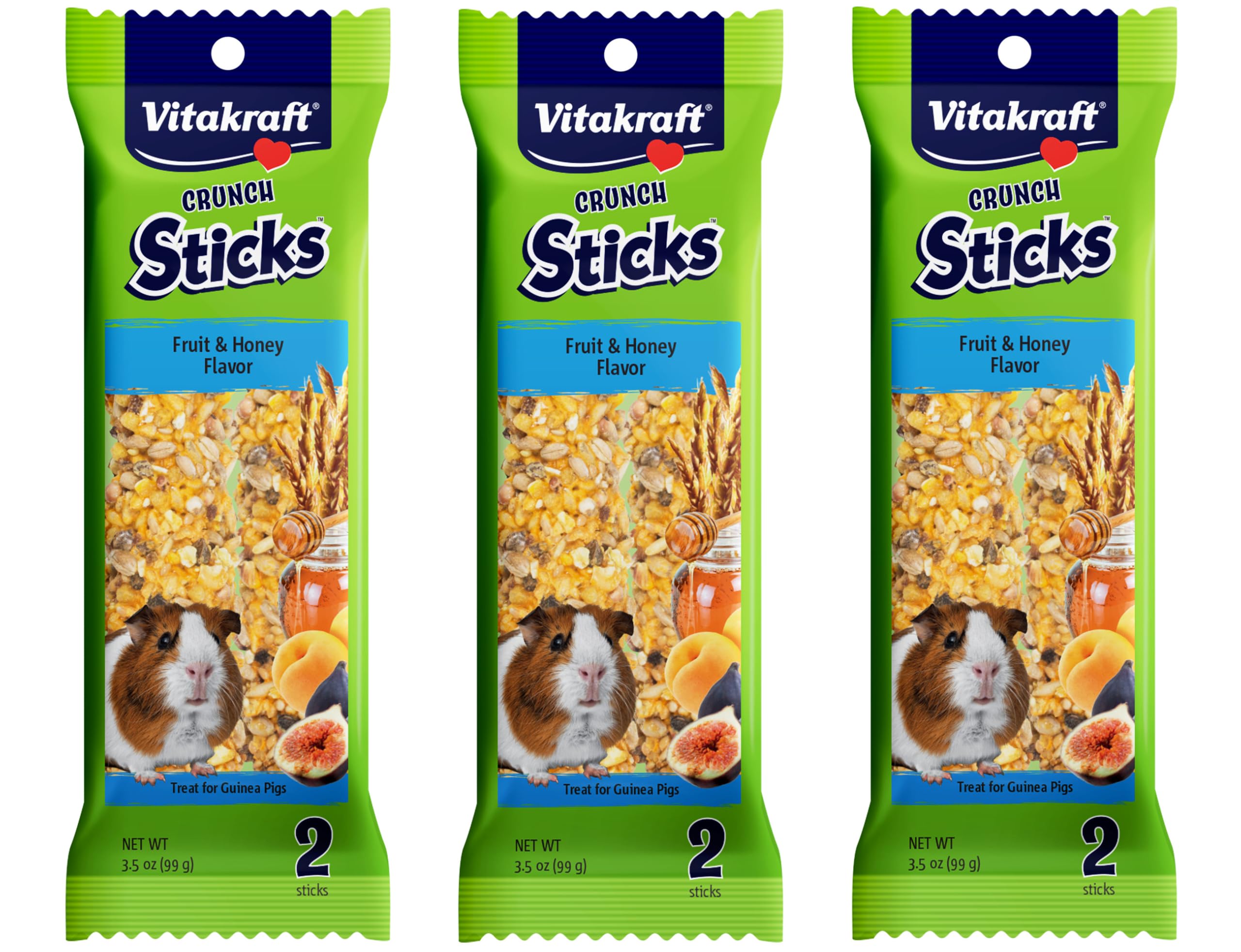 Vitakraft guinea pig fruit stick treat shown with its product packaging.