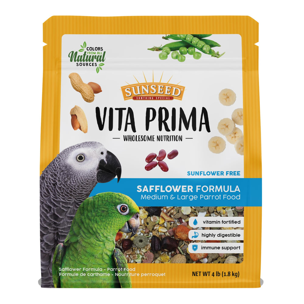 Vitakraft Sunseed Vita Prima Safflower Formula Parrot Food shown from the front of the package.